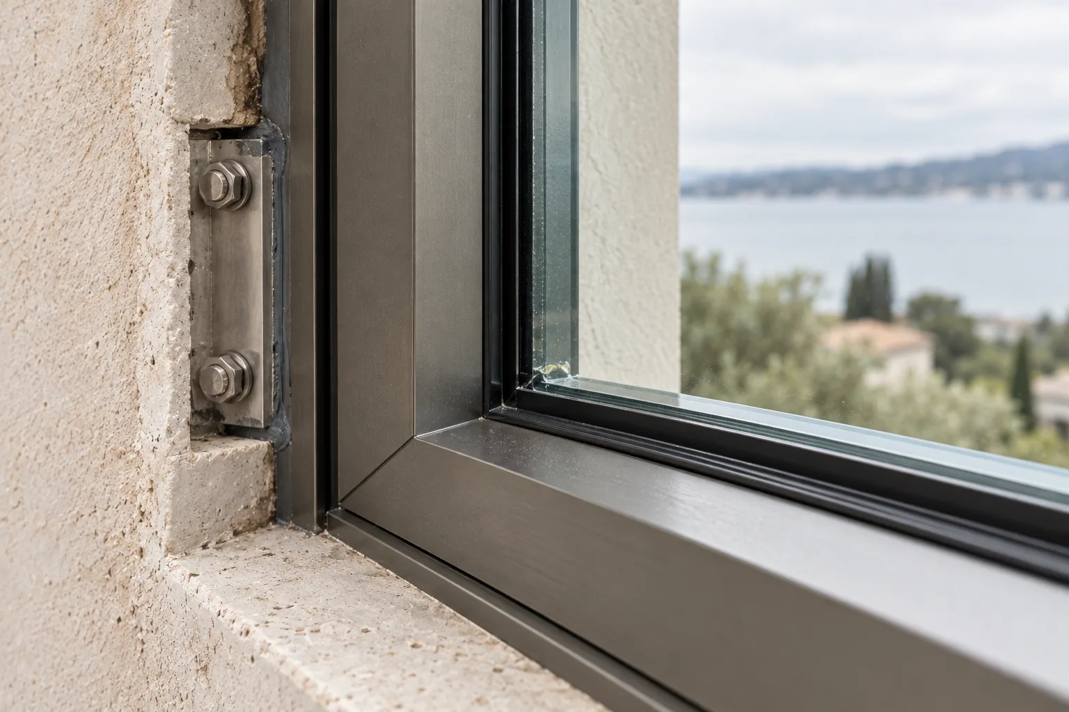 An anchor plate bolted into the stone jamb beside a window frame, the fixing left exposed