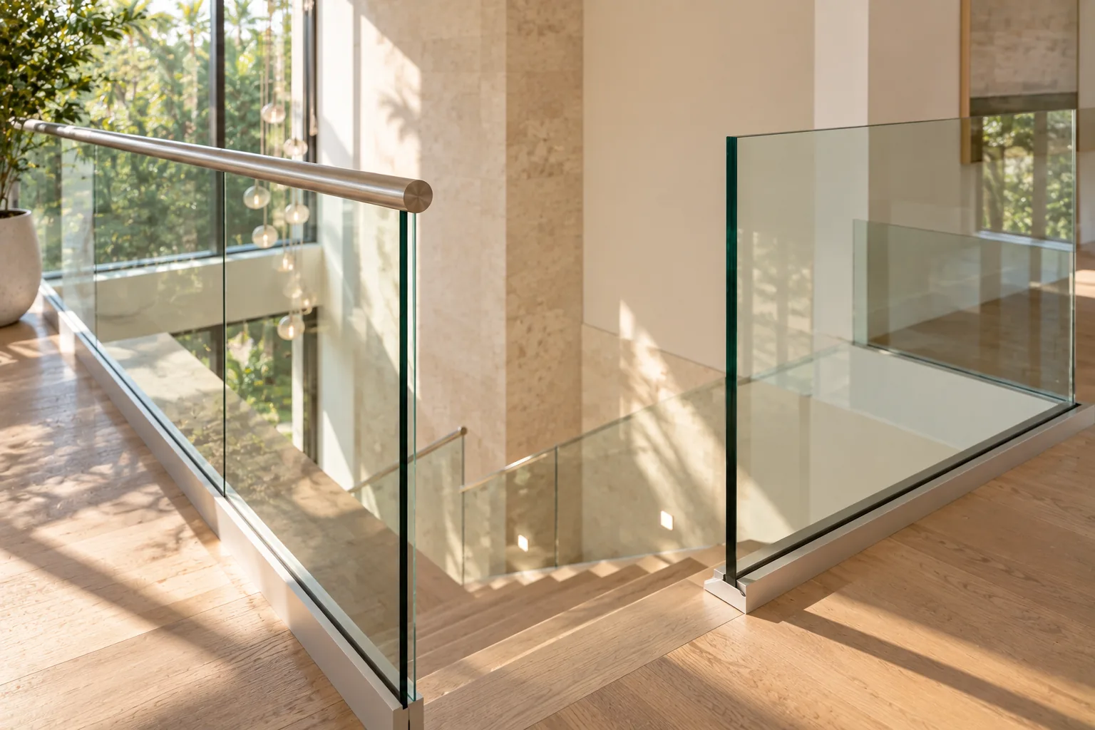 Two landings seen together: one railing finished with a slim top rail, the other with a bare polished glass edge