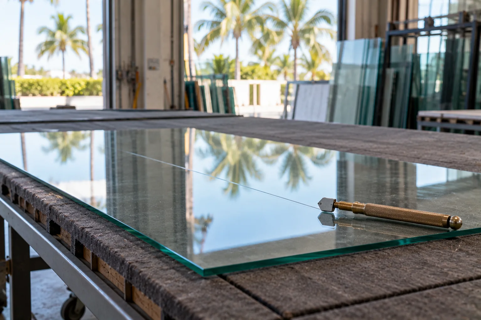 A sheet of plain glass on a workshop cutting table with a scored line across it and a cutting wheel resting beside the score