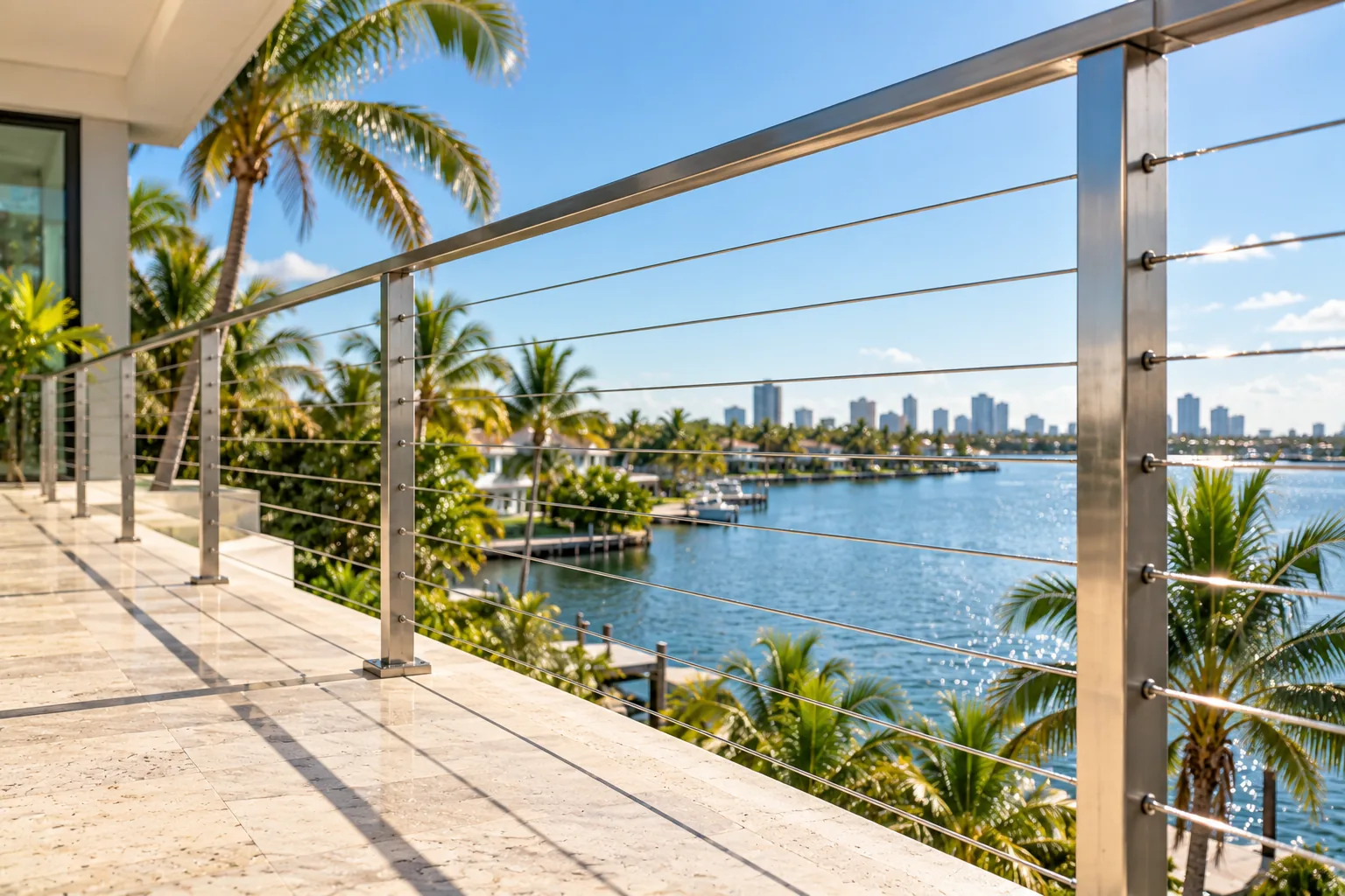 A stainless cable railing along a terrace, the horizontal runs catching the light and breaking the view into bands
