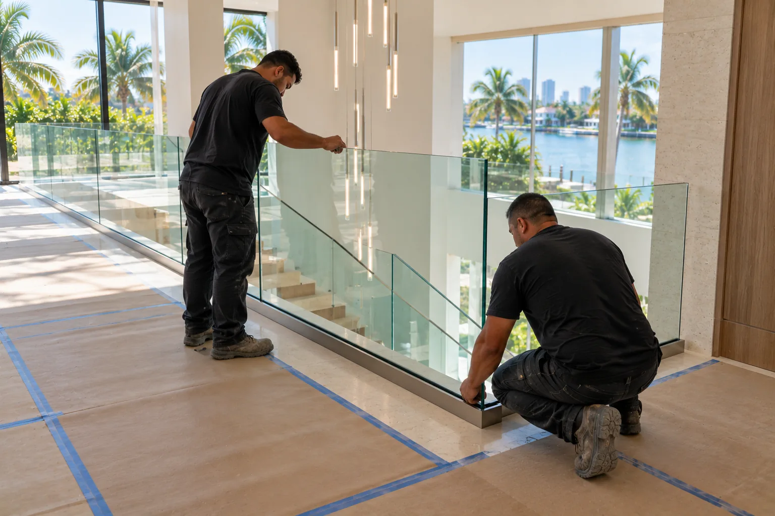 Two installers in plain dark shirts setting a glass stair railing on a finished landing, floor protection taped down around them