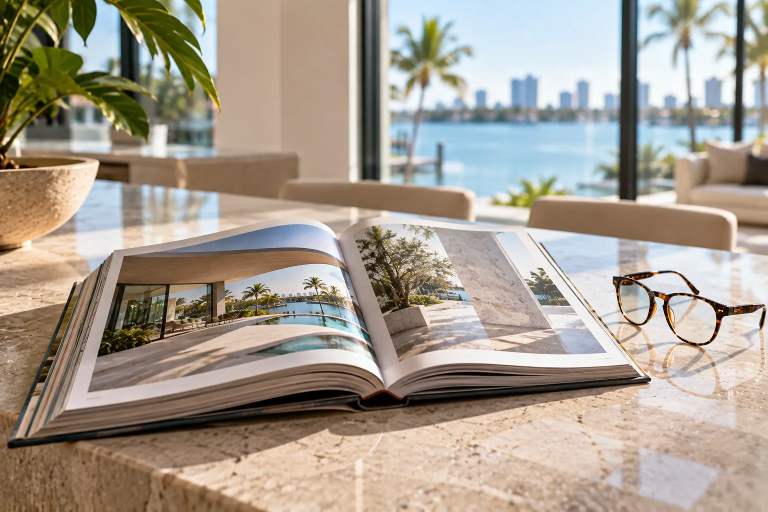 A large reference volume open on a stone counter beside reading glasses, the page turned away so nothing on it can be read