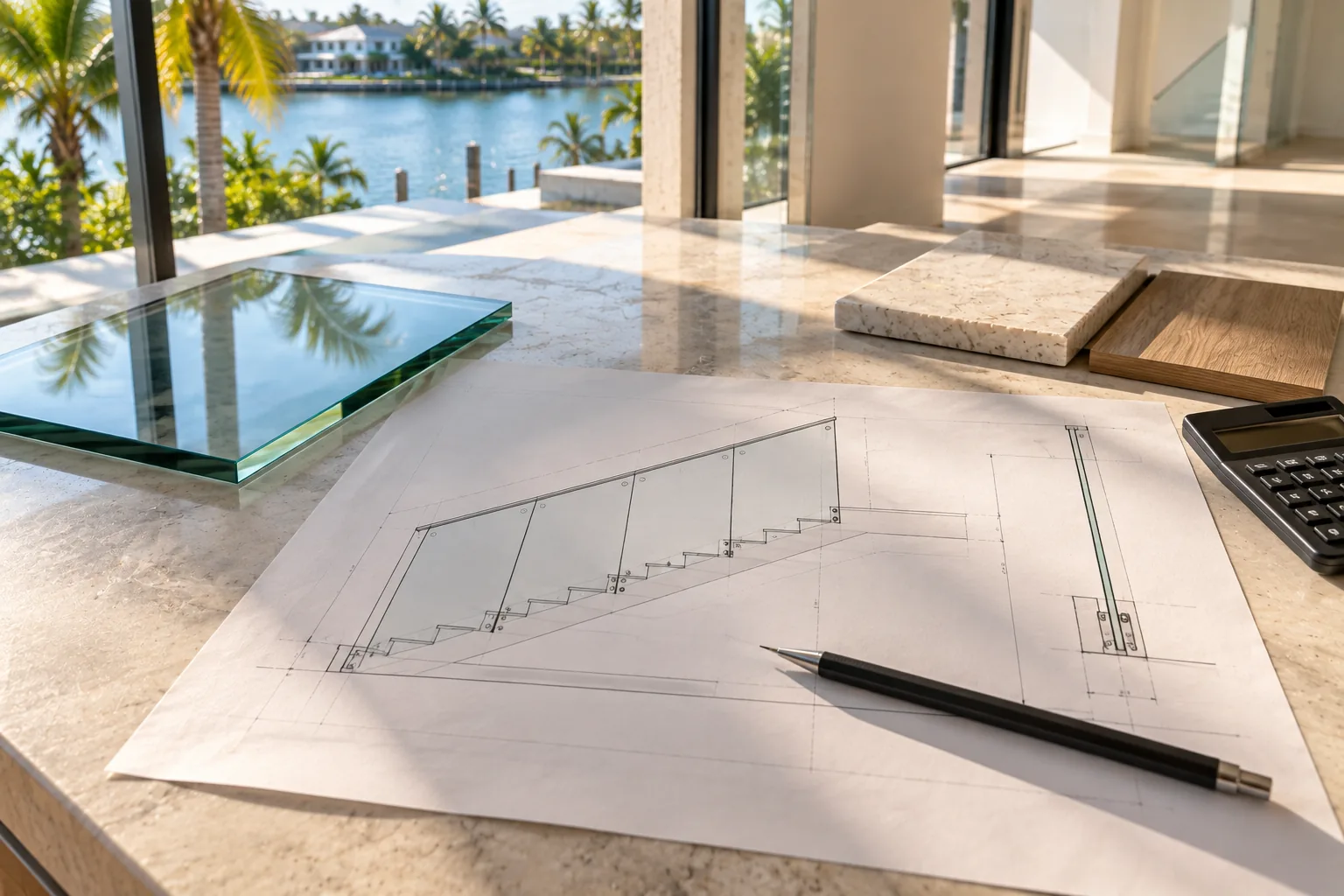 A stair railing elevation on a stone counter with a pencil, a calculator and a thick glass sample beside it