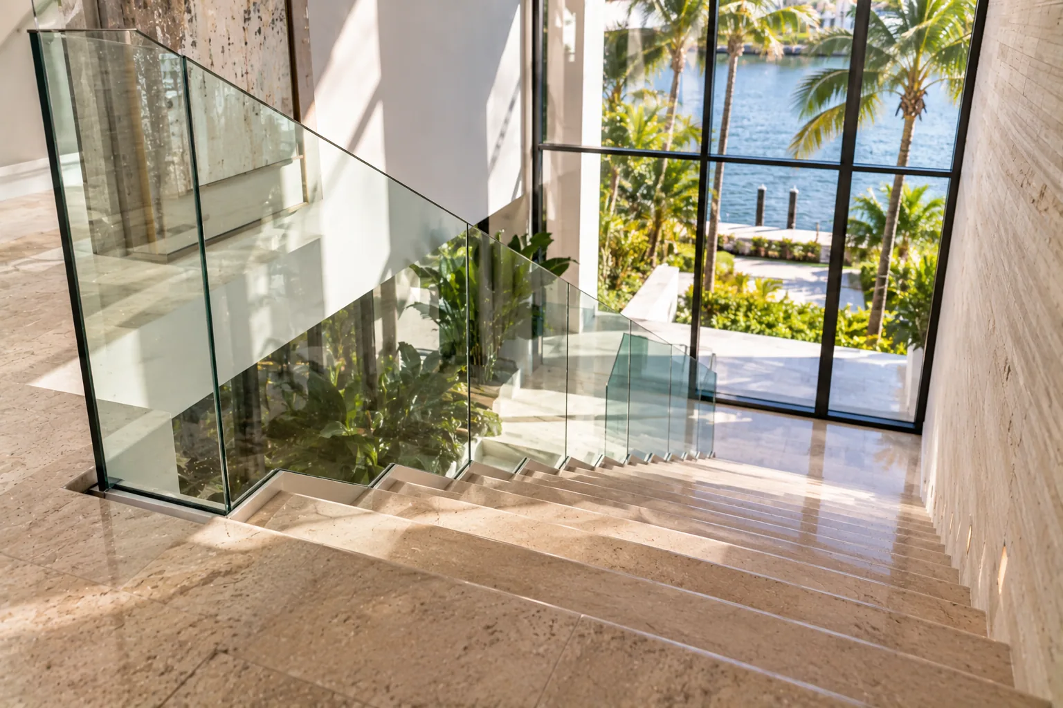 A wide stone stair with a glass guard along the open side, seen from the landing looking down the flight