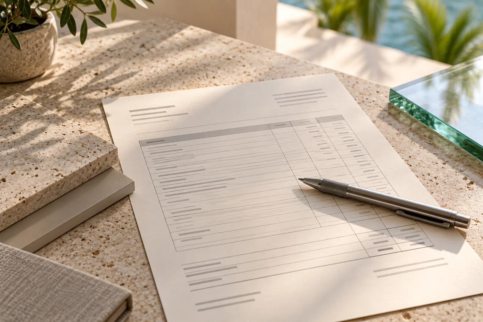 A written estimate lying on a stone counter with its line items set out in columns, a pen resting across the page and a glass sample beside it