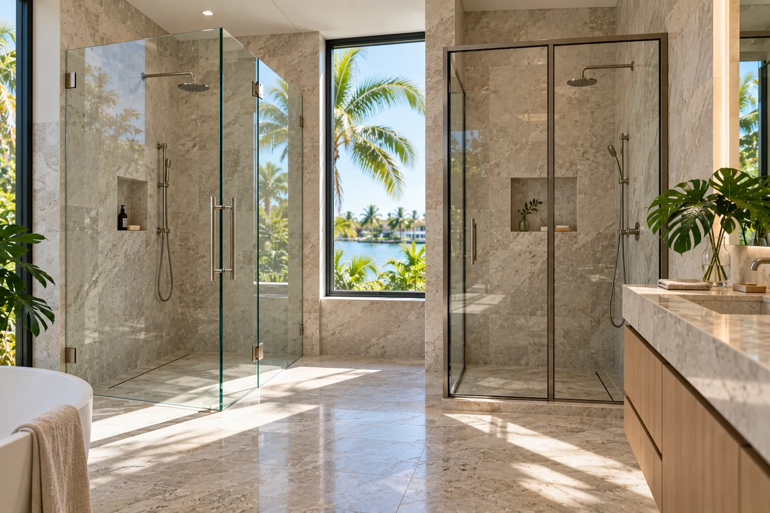 Two shower enclosures in one stone bathroom: a frameless panel on brushed hinges on the left and a slim-framed enclosure on the right