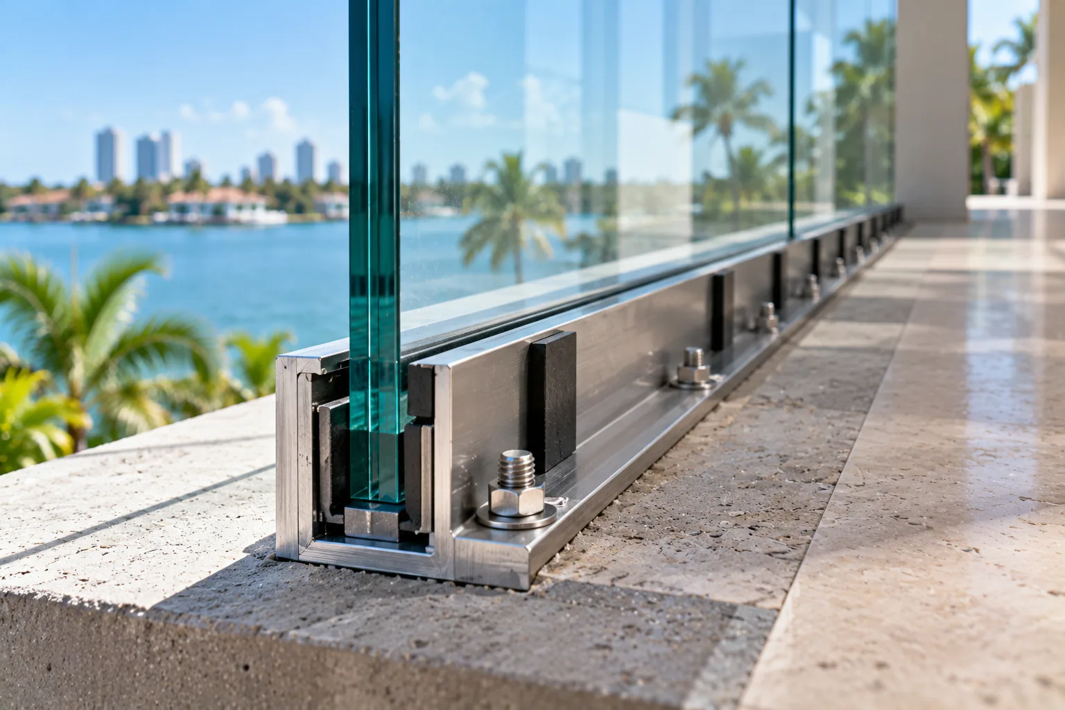 The base of a glass guard where the channel is bolted down into the parapet, the fixings and the setting blocks inside the channel visible