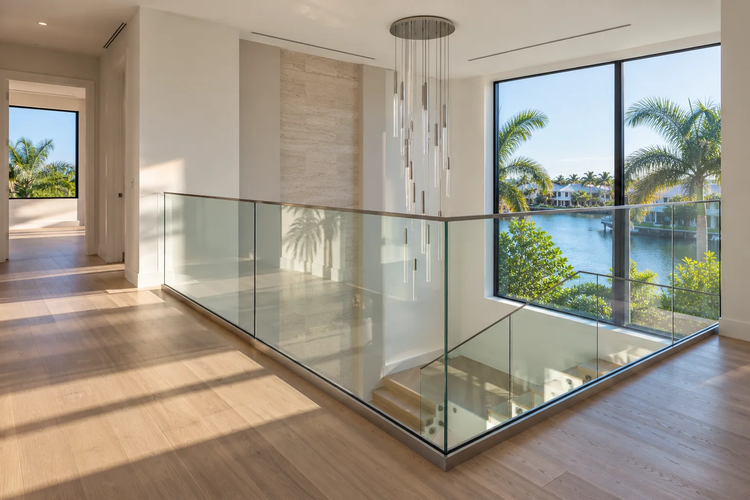 A finished upper landing with a frameless glass railing, the floor clear and the protective film already off, daylight across the oak boards