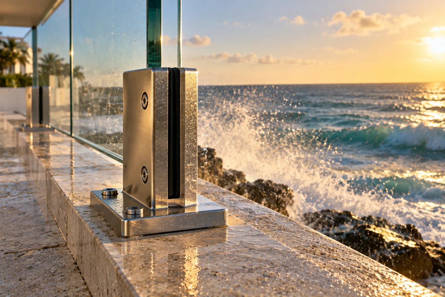 A stainless railing clamp on an oceanfront terrace with spray breaking over the rocks behind it, low sun on the water