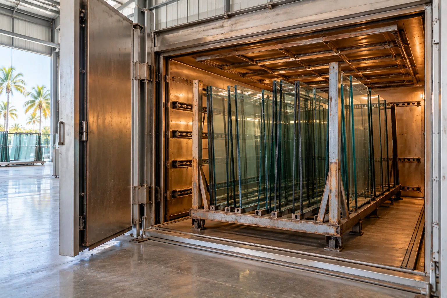 Glass panels standing in a steel rack inside an open industrial oven chamber, the walls of the chamber warm-toned