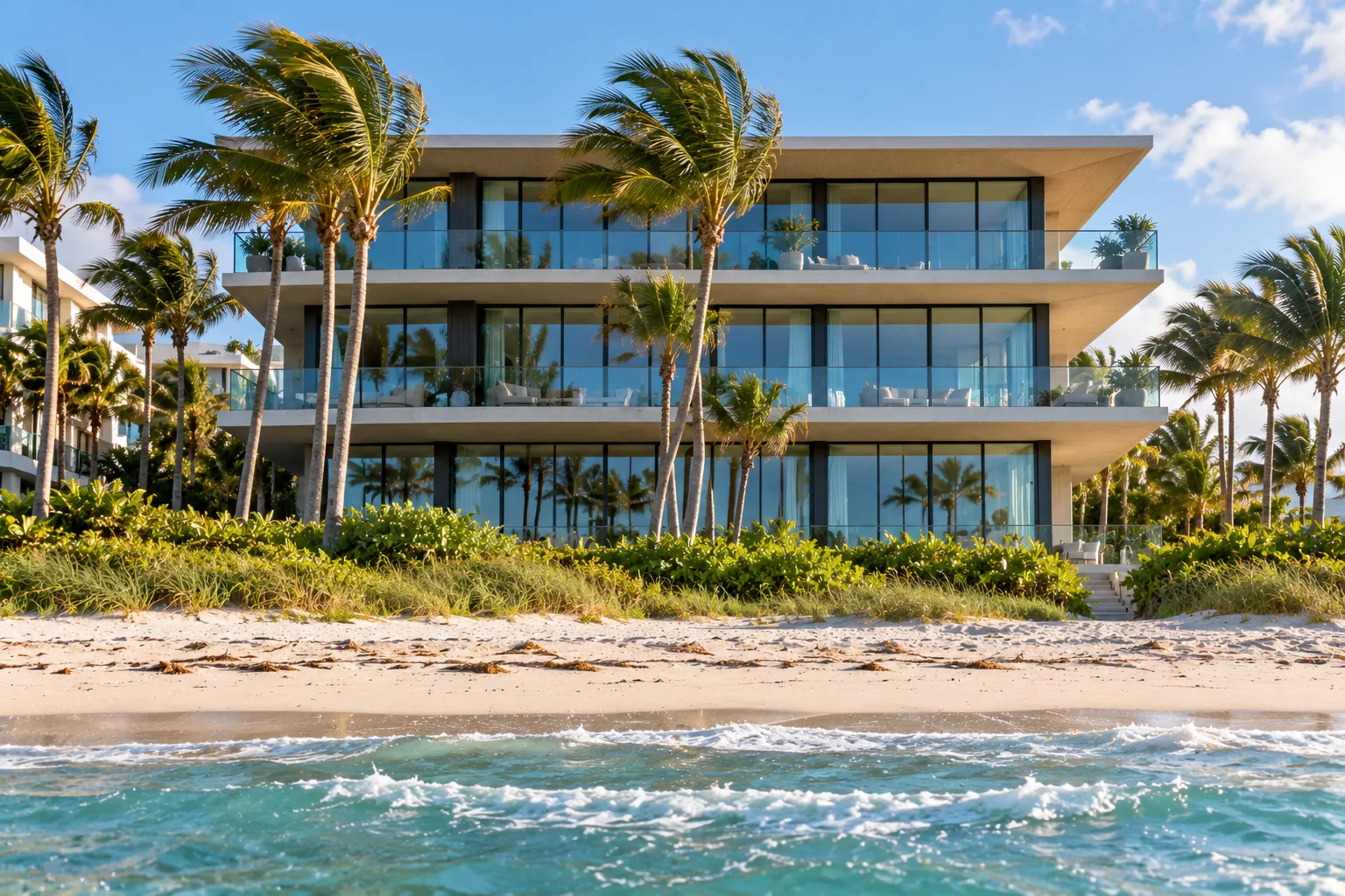 An oceanfront building seen from the beach, every opening glazed in dark frames, palms bending in the wind along the dune