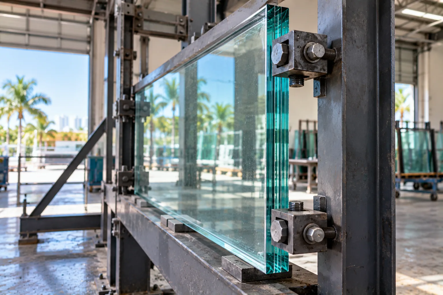 A thick laminated pane clamped in a steel test frame in a workshop, the frame bolts and the layered edge in focus