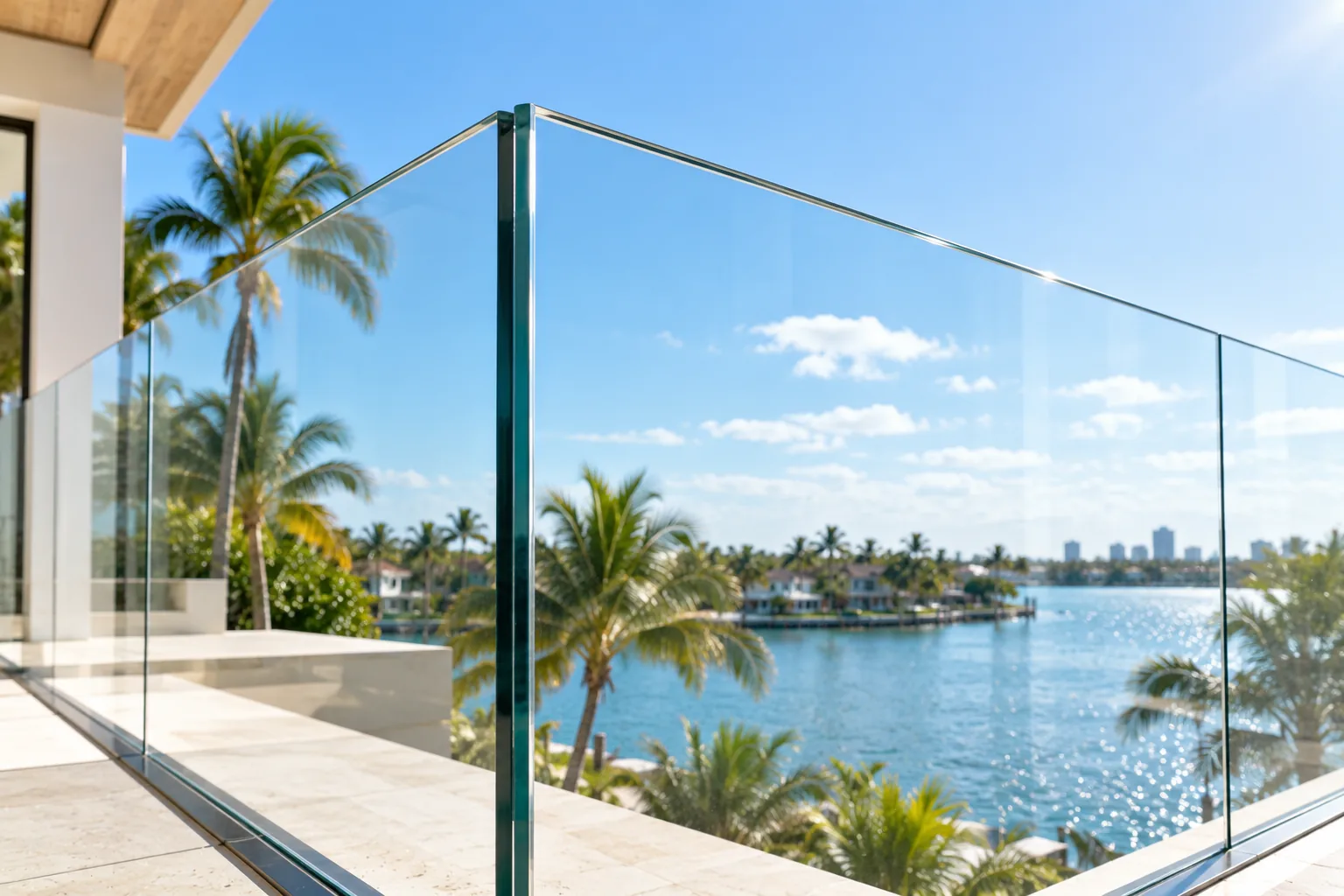 A laminated glass balcony railing against bright sky, the glass clear and colourless with no haze along the edge