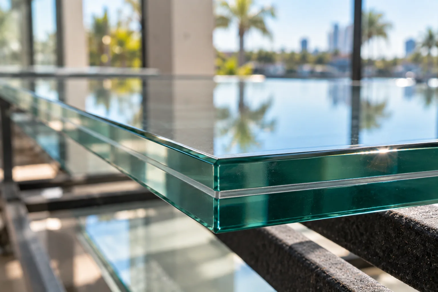 The polished corner of a laminated panel in close view, the interlayer a crisp line between two plies of glass