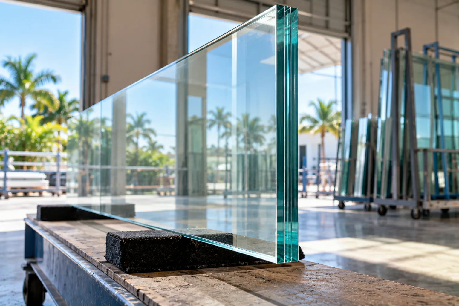 A thick laminated pane standing on padded blocks in a workshop, its layered edge turned to the light