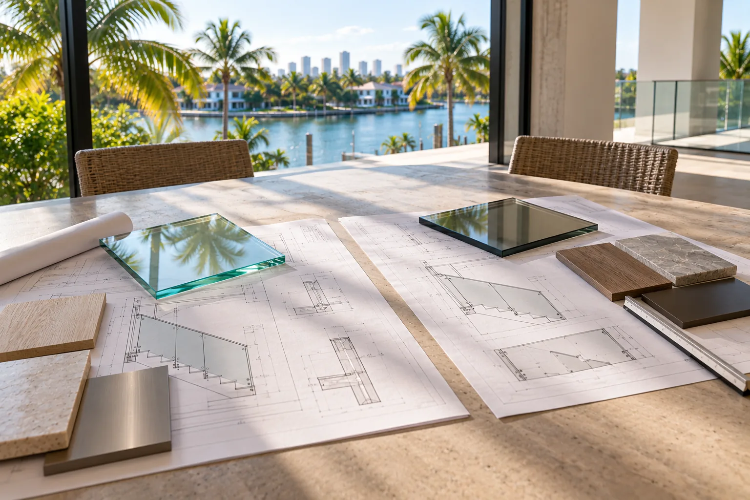 Two sets of railing drawings side by side on a long table, a glass sample on each and material samples along the edge