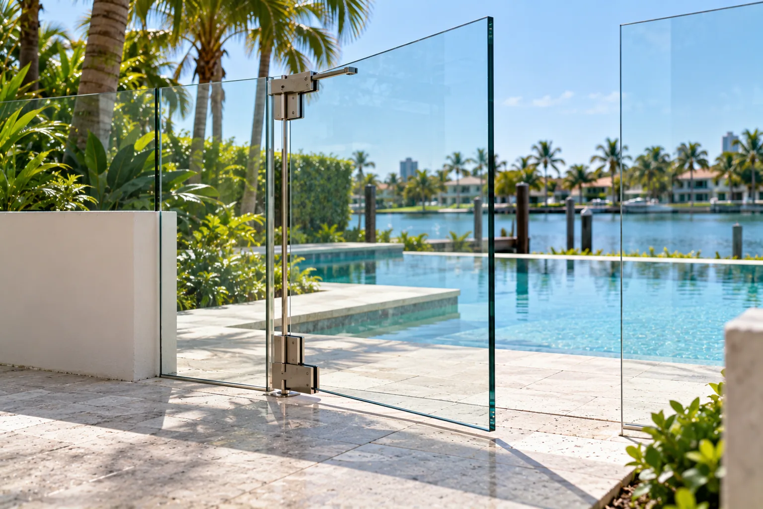 A frameless glass pool gate standing slightly open on its stainless hinge post, the pool and the waterway behind it