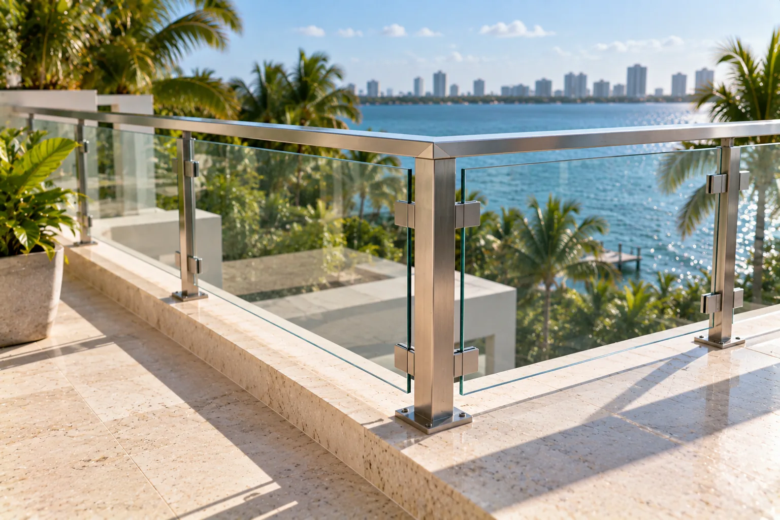 A post-mounted glass railing turning the corner of a terrace, showing how the posts, the top rail and the glass infill meet at the junction