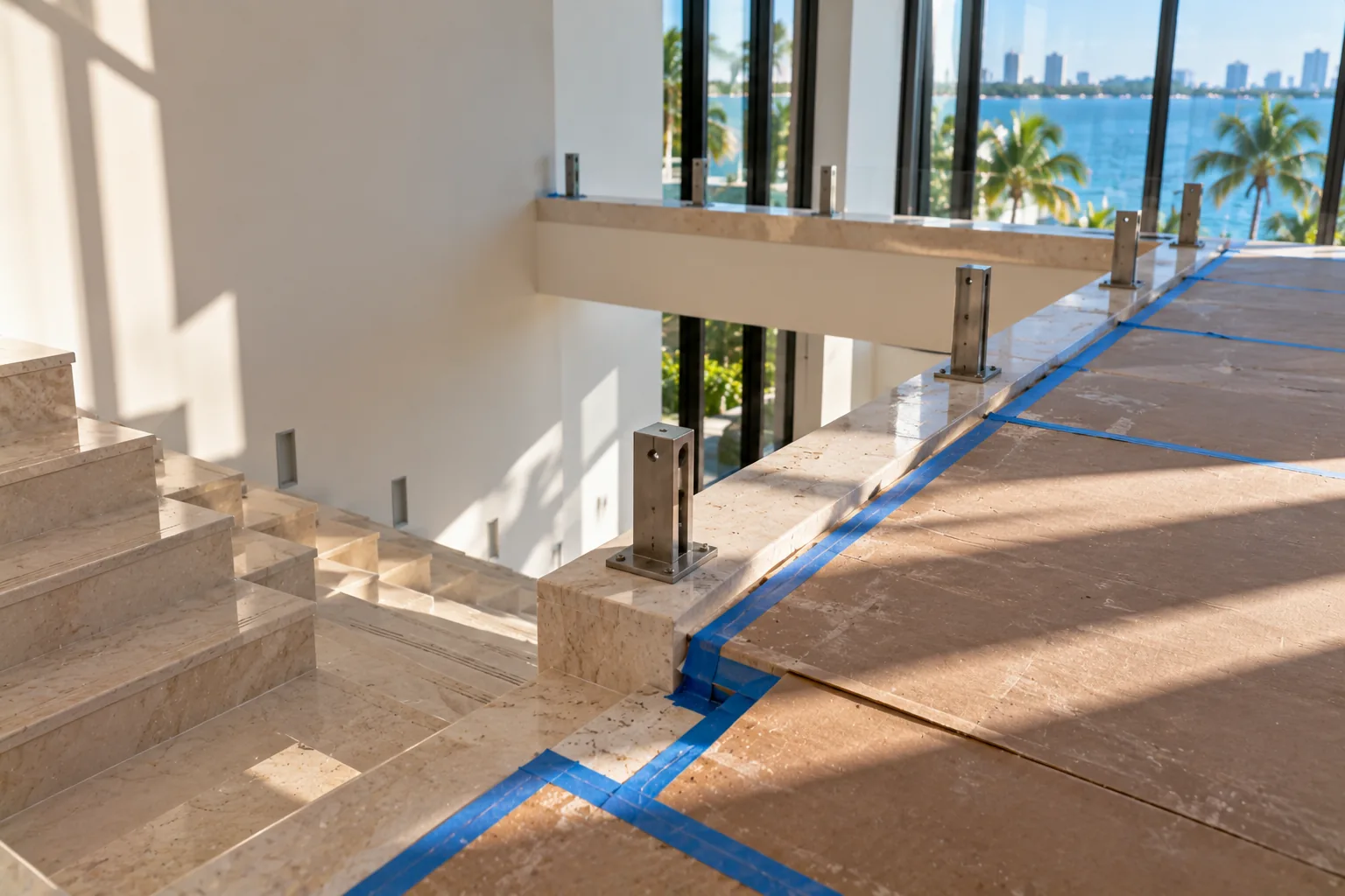 A finished stone floor covered with protective board and taped seams beside a stair