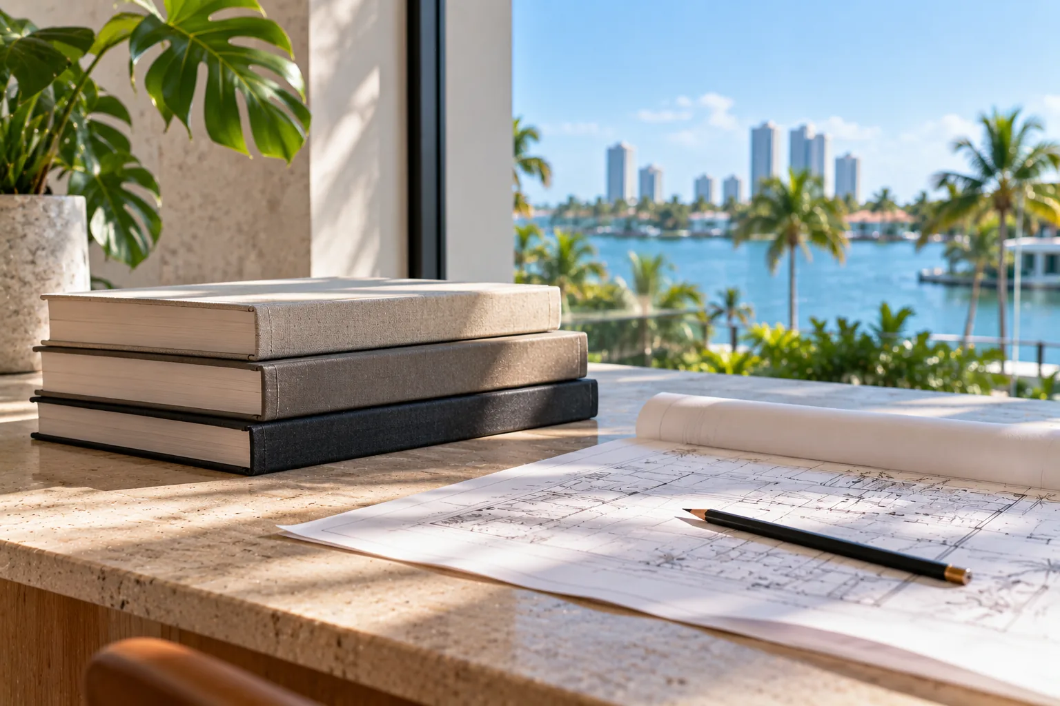 Three cloth-bound volumes stacked on a stone counter beside an unrolled drawing and a pencil, water through the window