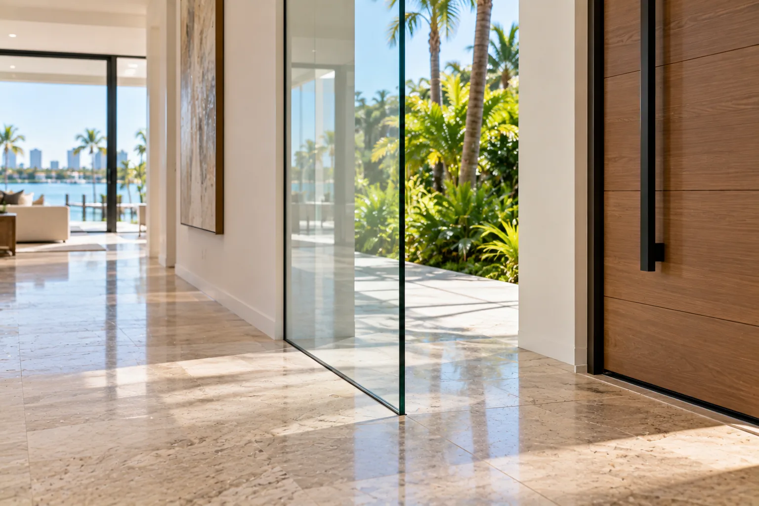A full-height glass panel standing beside a timber entry door in a hallway, the floor line and the lower part of the pane in view