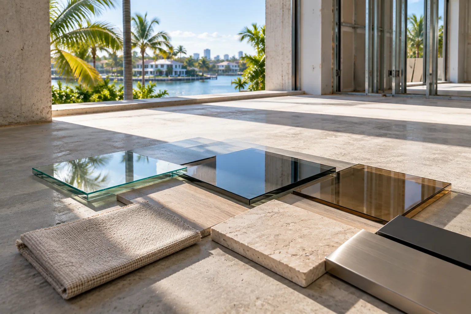 Glass, stone and metal samples laid out on the floor of a half-finished room, the terrace and the waterway through the open wall