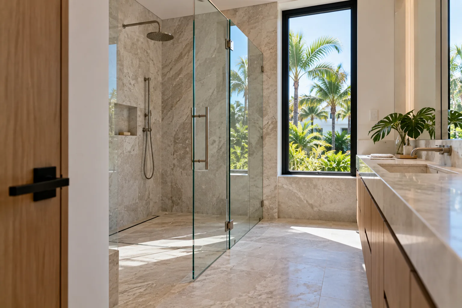 A frameless shower door standing half open in a stone bathroom seen from the doorway, the swing and the clearance to the vanity both visible