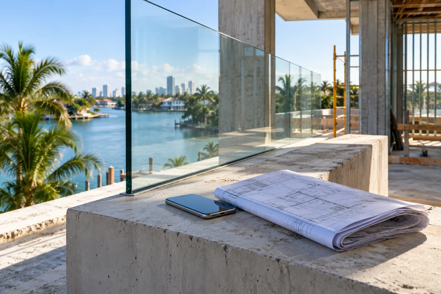 A phone and a folded drawing lying on a concrete parapet on a building site, the glass railing already set behind them and the waterway beyond