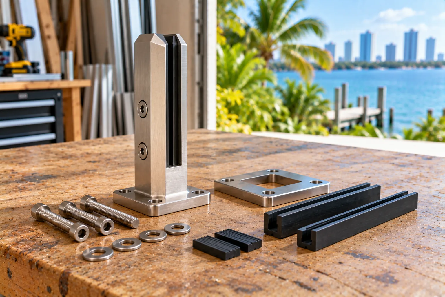 A stainless spigot standing on a workshop bench beside its base plate, bolts, washers and rubber inserts