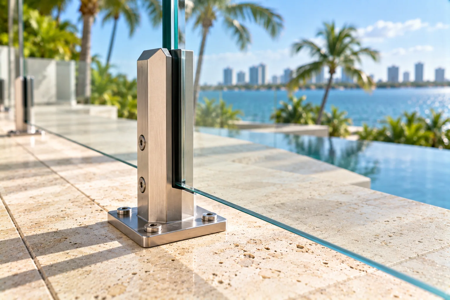 A stainless spigot bolted down onto a travertine deck, its base plate, fixings and the foot of the glass panel all in view