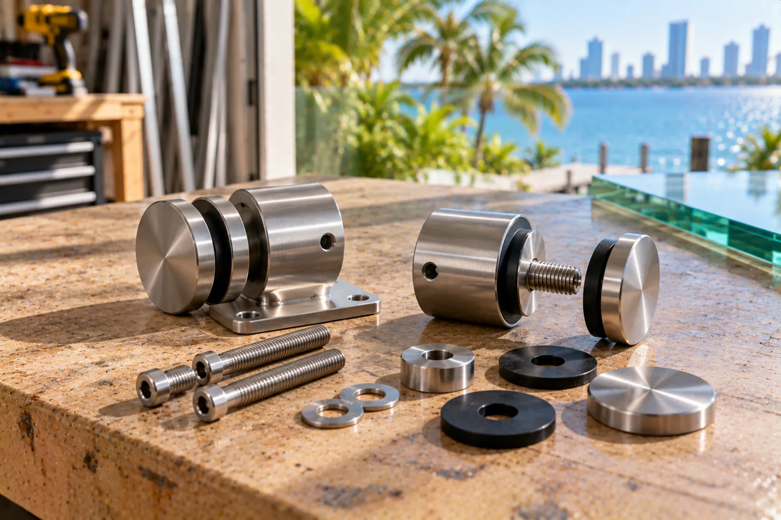 Standoff fittings laid out disassembled on a workshop bench with their bolts, washers and rubber seals