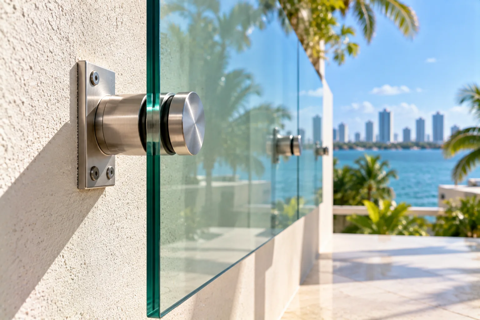A stainless standoff bolted into a rendered wall holding a glass panel clear of it, the shadow gap between glass and wall visible