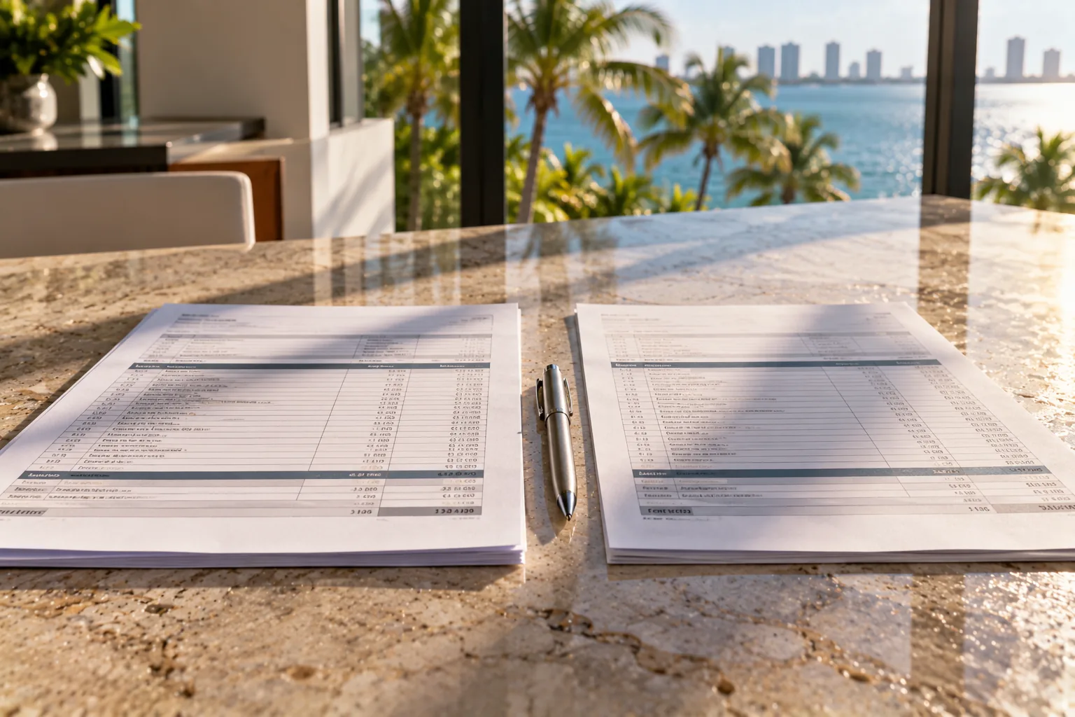 Two estimates lying side by side on a stone counter with their line items aligned and a pen between them