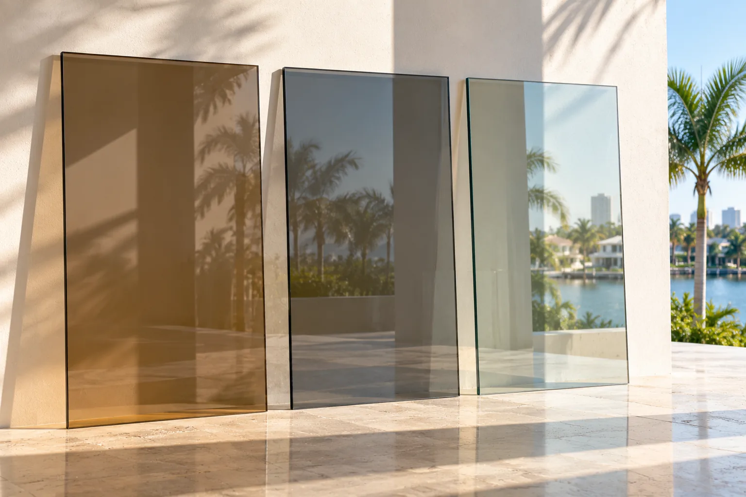 Three tinted glass panels leaning against a stone wall — bronze, grey and near-neutral — the same palms showing through each one differently