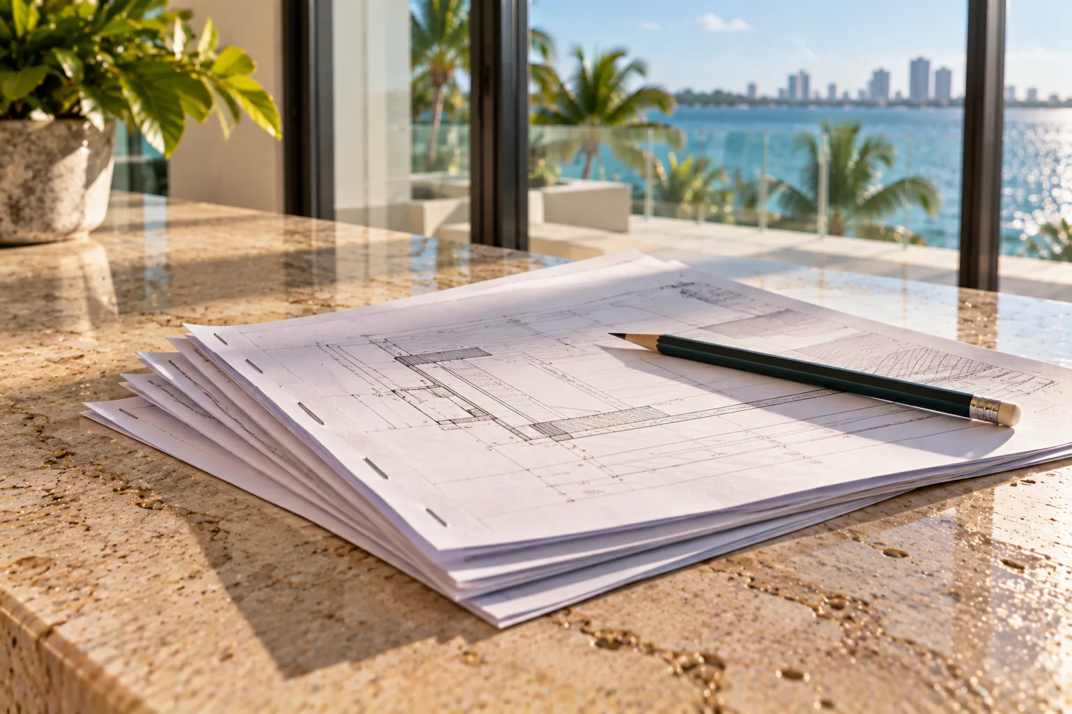 A short stapled document on a stone counter, its pages fanned out with a pencil resting on the top sheet