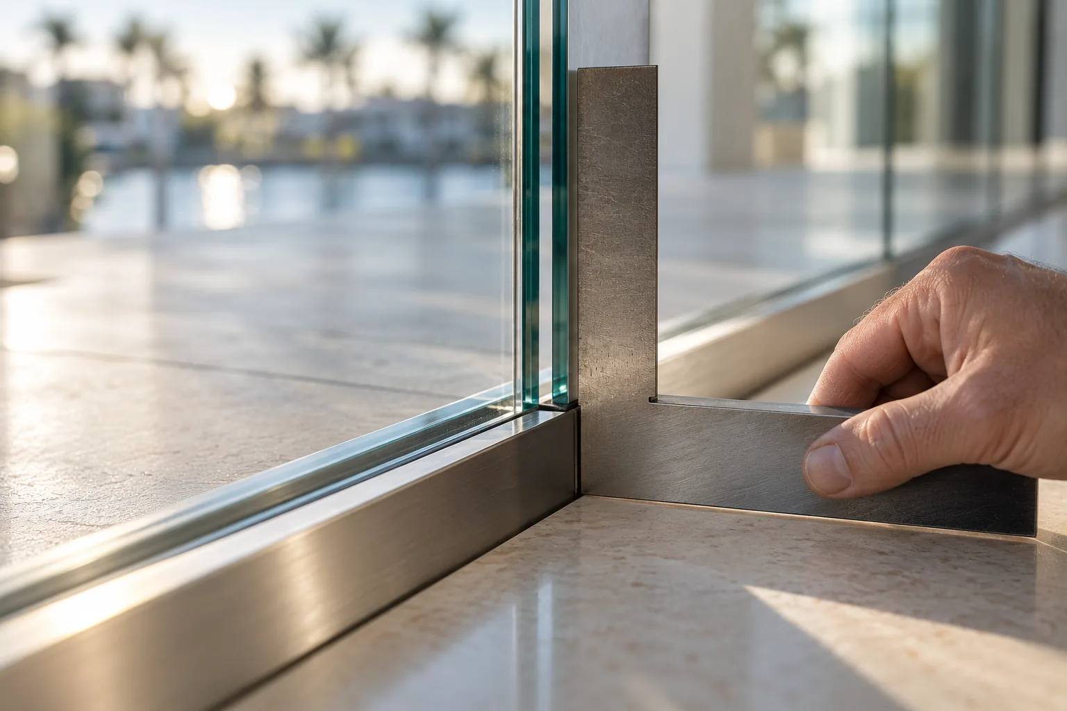 A machinist's square held against the joint between two glass panels and their base channel