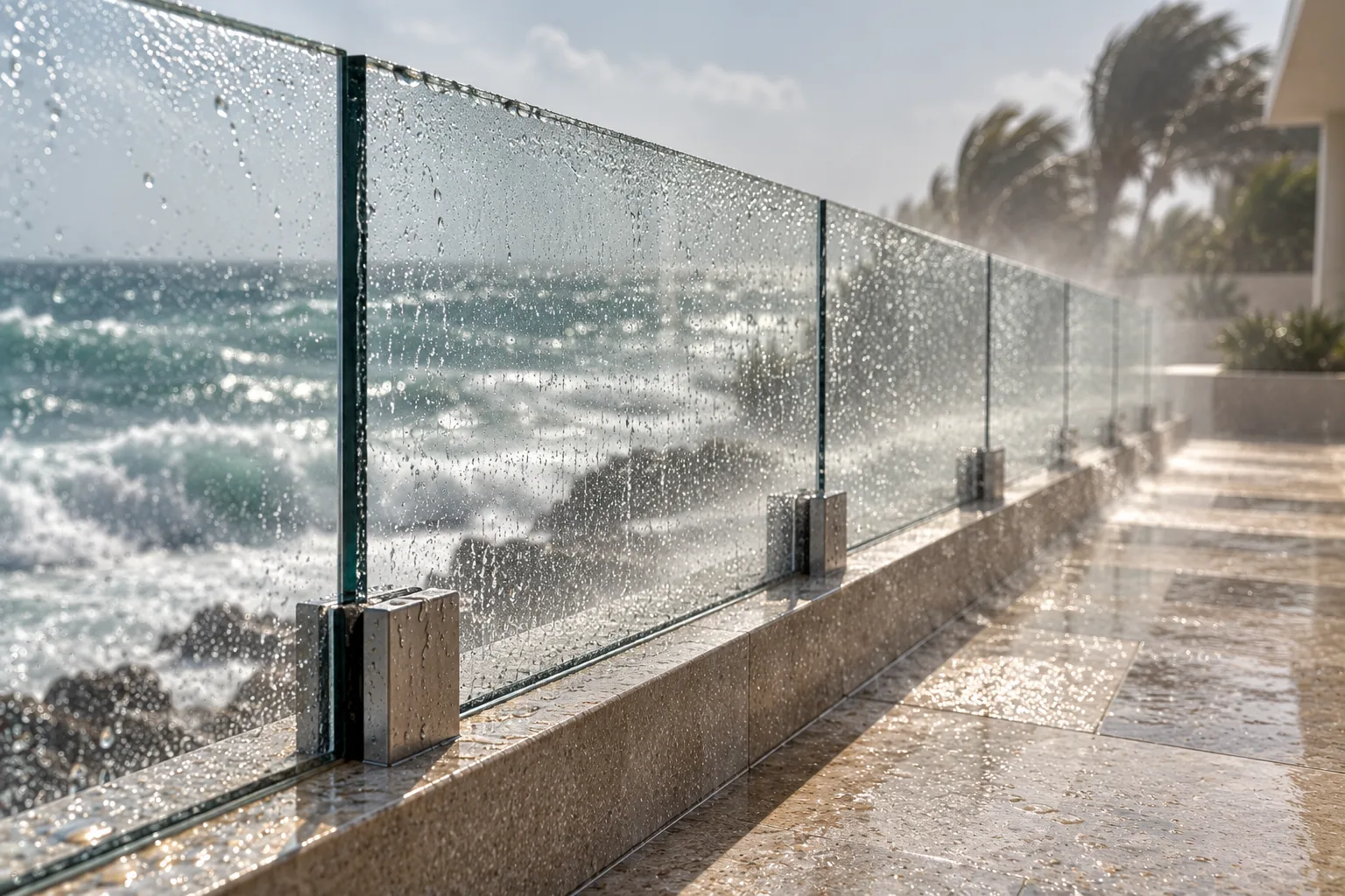 Salt haze on an oceanfront terrace railing, the metal fittings beaded with spray