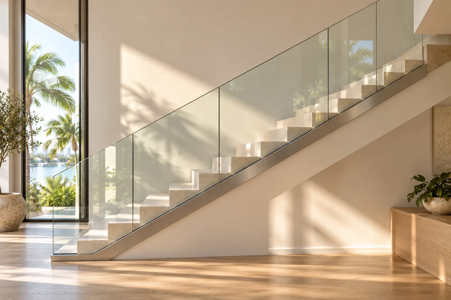 A finished glass stair railing photographed straight on, every panel joint evenly spaced
