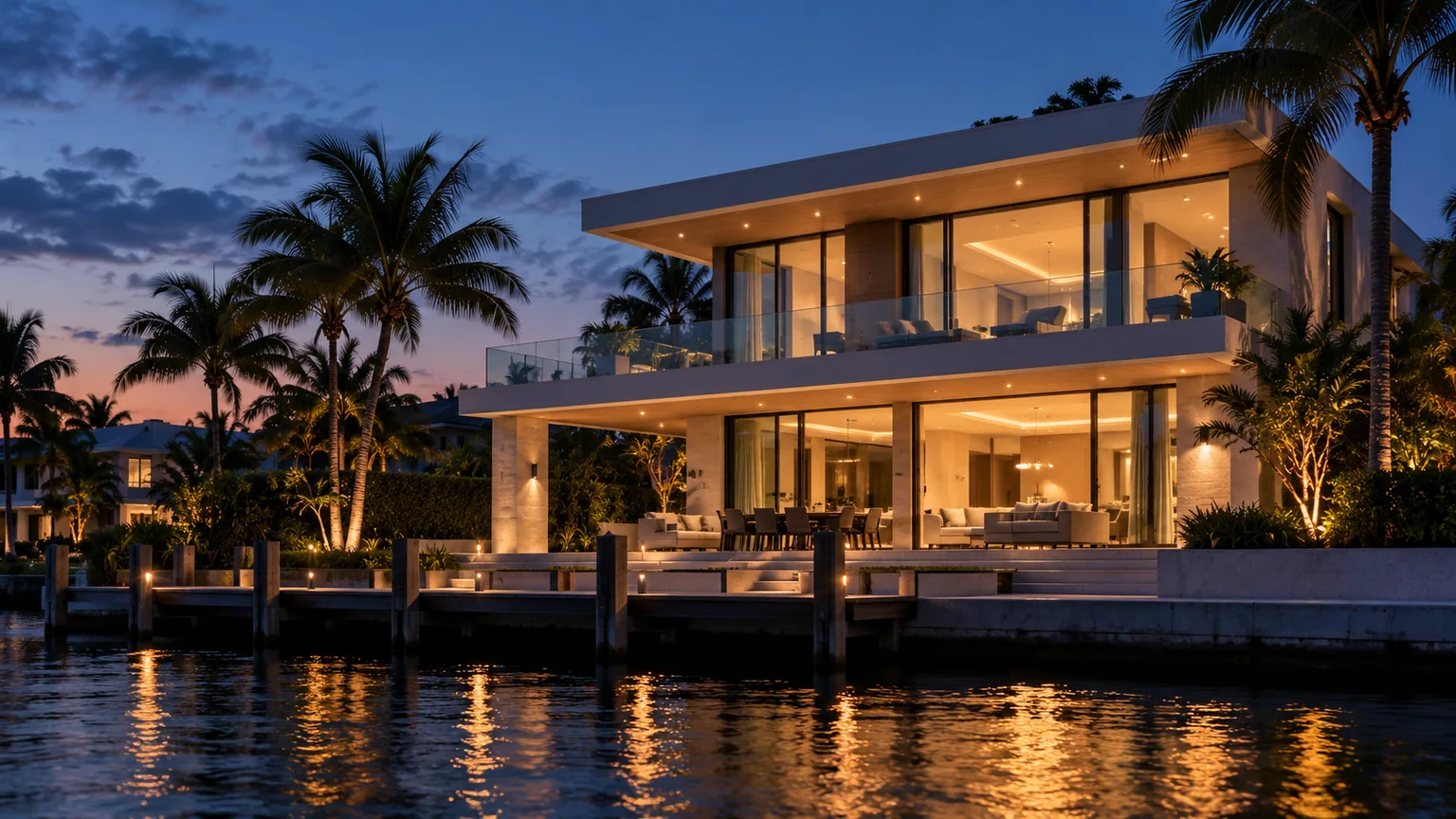 A South Florida waterfront house at dusk with lit glass railings on two levels