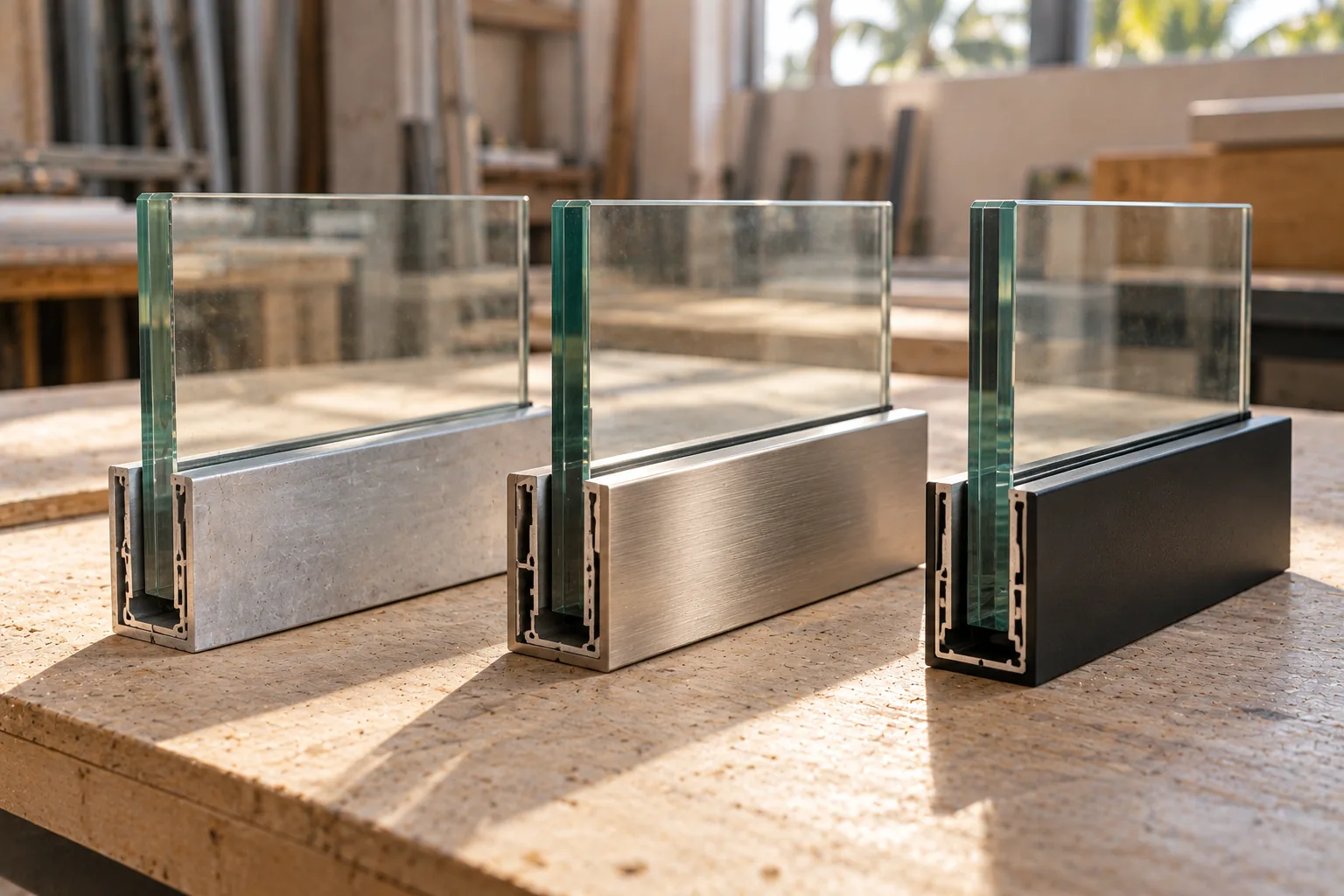 Three finishes of base shoe cladding side by side on a bench: mill aluminium, brushed stainless and matte black