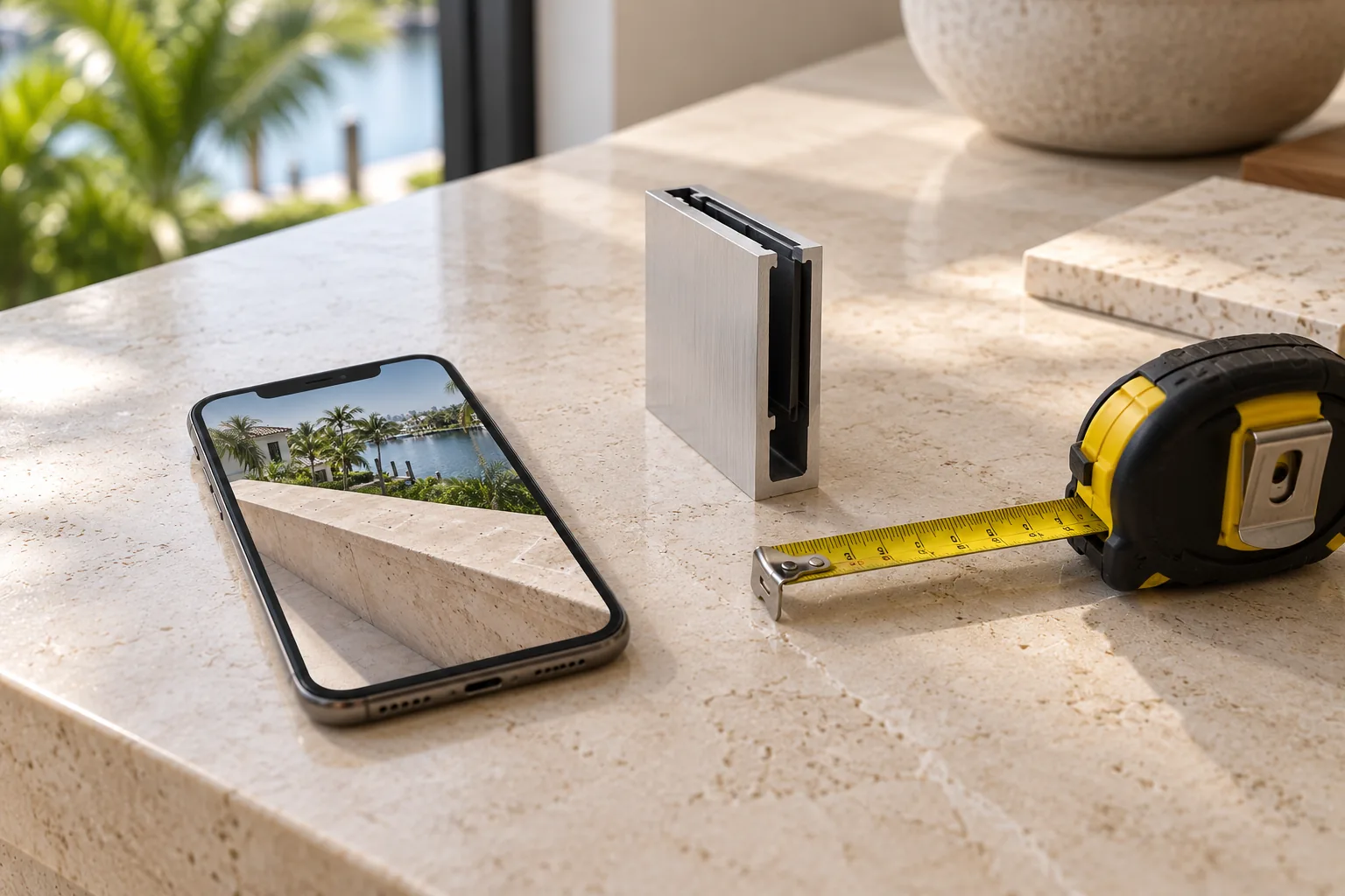 A phone photograph of a terrace edge shown on screen beside a tape measure and a short length of base shoe channel