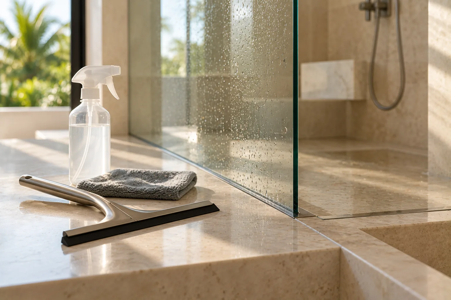 A plain spray bottle, a folded microfibre cloth and a squeegee on a stone counter beside a glass panel