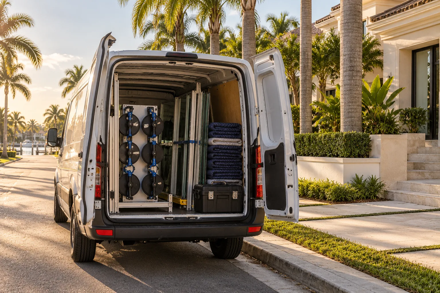 A work van with its rear doors open on a residential street, suction cups and tools stowed inside