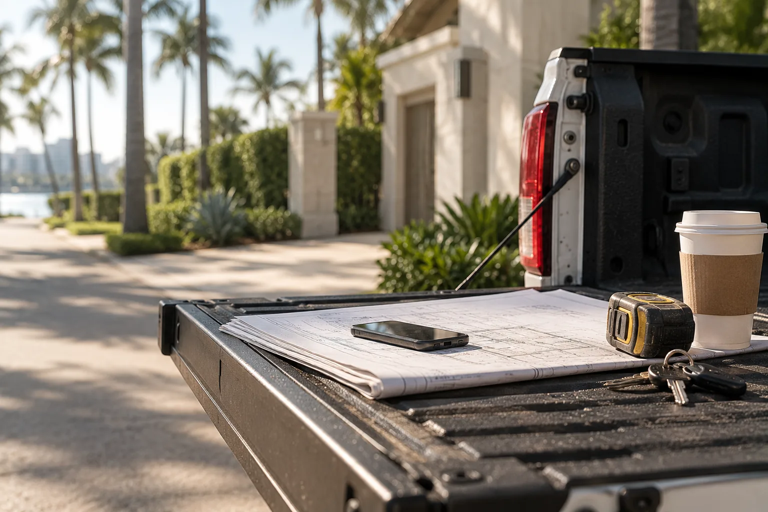 A folded drawing, a phone and a set of keys on the tailgate of a truck on a residential street