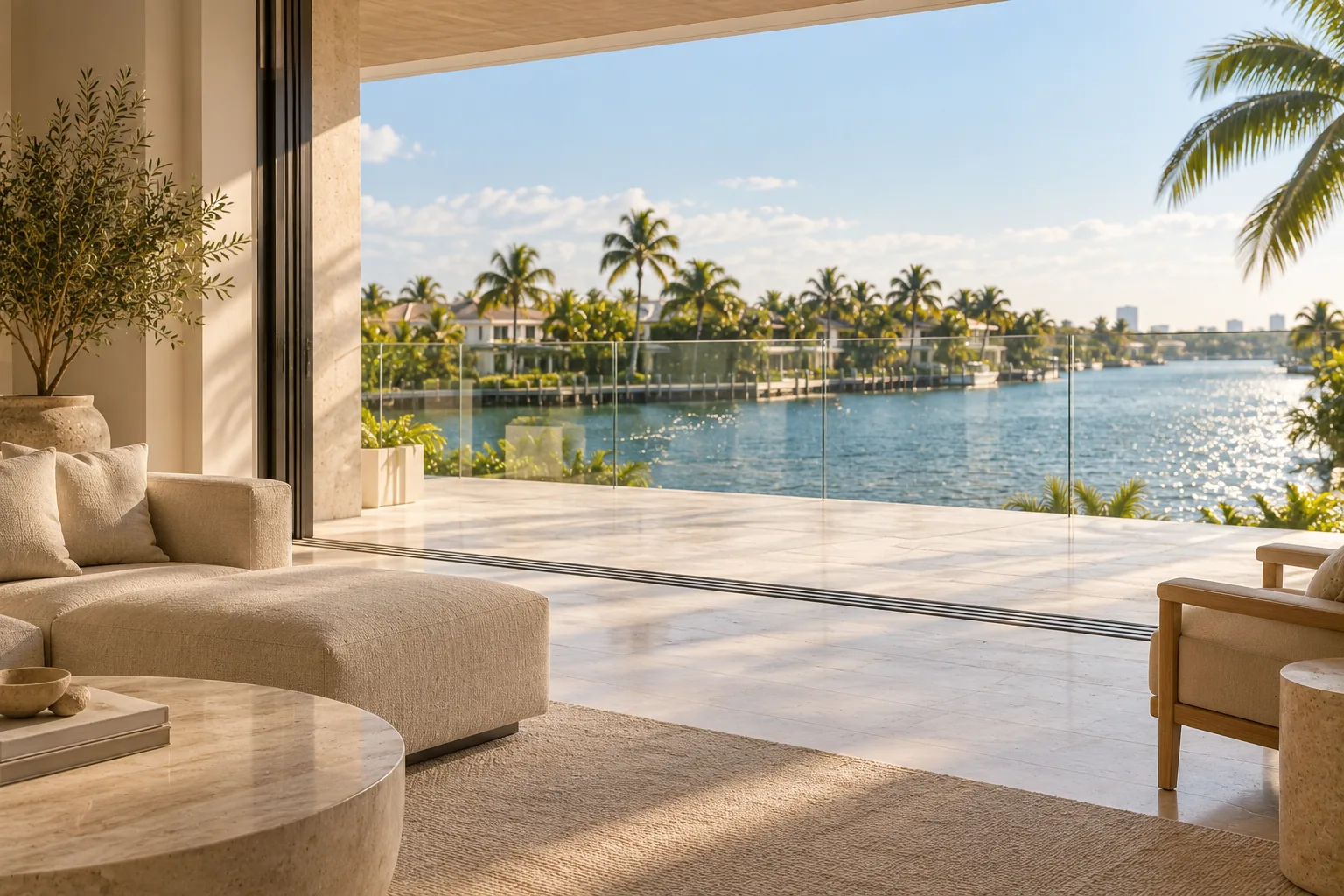 A living room opening onto a terrace, the glass balcony railing visible beyond the sliding doors
