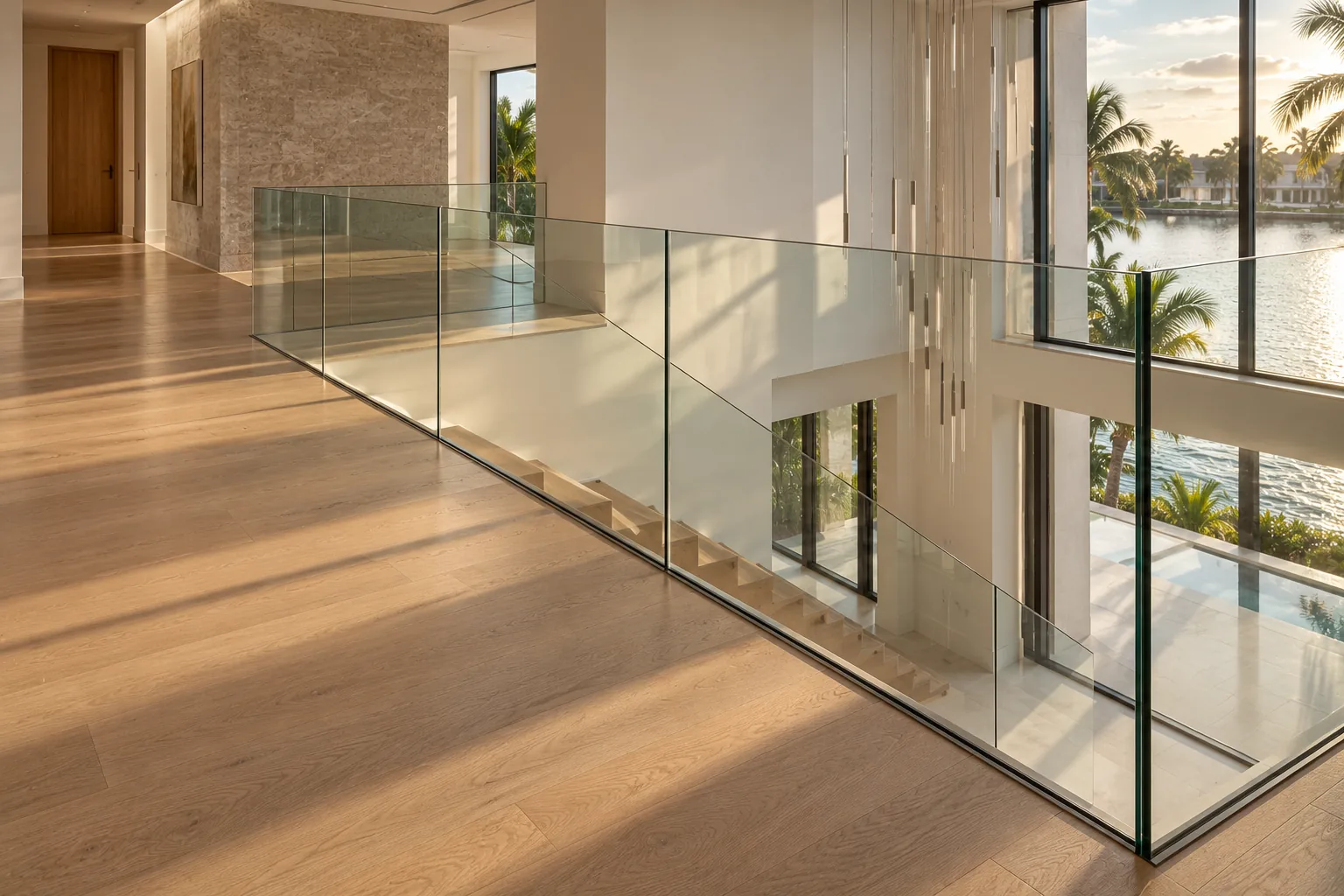 A finished landing handed over clean: glass set, floor protection lifted, nothing left behind