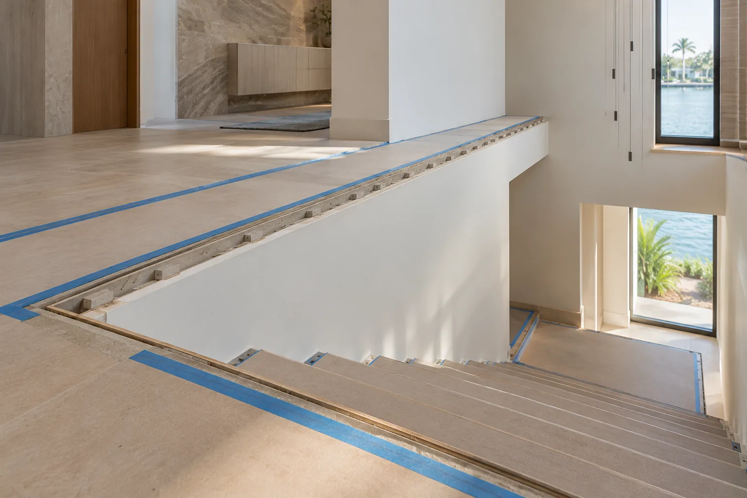 A stair opening prepared and protected, ready for glass, with trades finished around it
