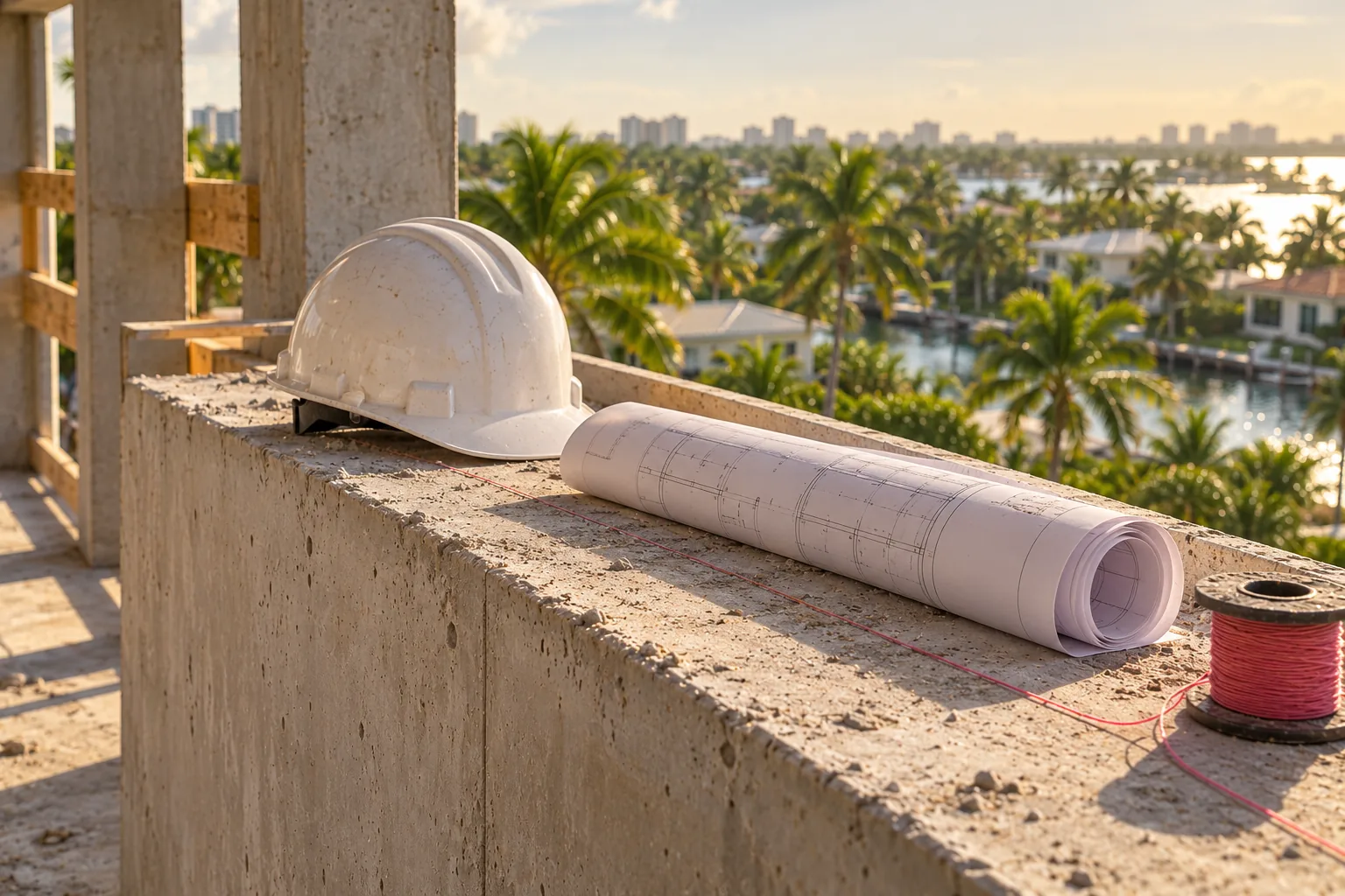 A rolled set of drawings and a hard hat on a parapet on a South Florida building site at the end of the day