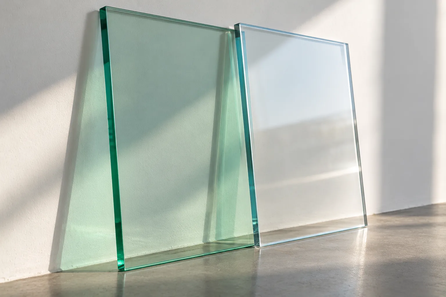 Two glass panels overlapping against a white wall, one green at the edge and one almost colourless