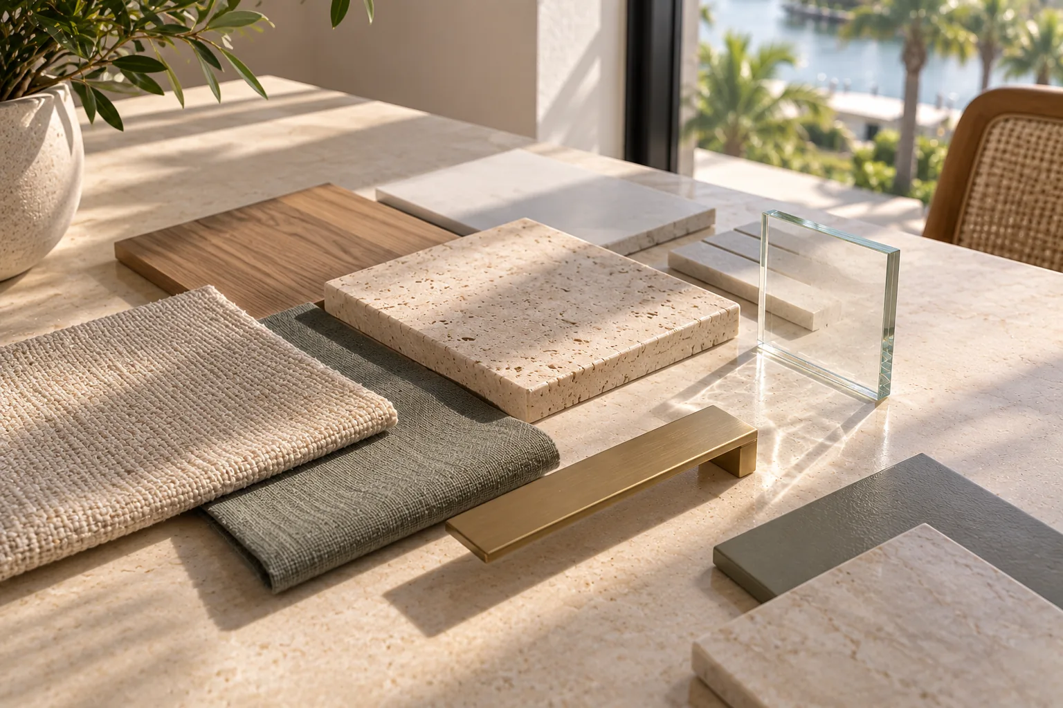 A designer's table with a mood board, fabric and stone samples and a small piece of glass standing on edge